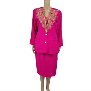 Anne French Vintage Silk Hot Pink Suit Skirt 3pc Matching Set Gold Embroidery